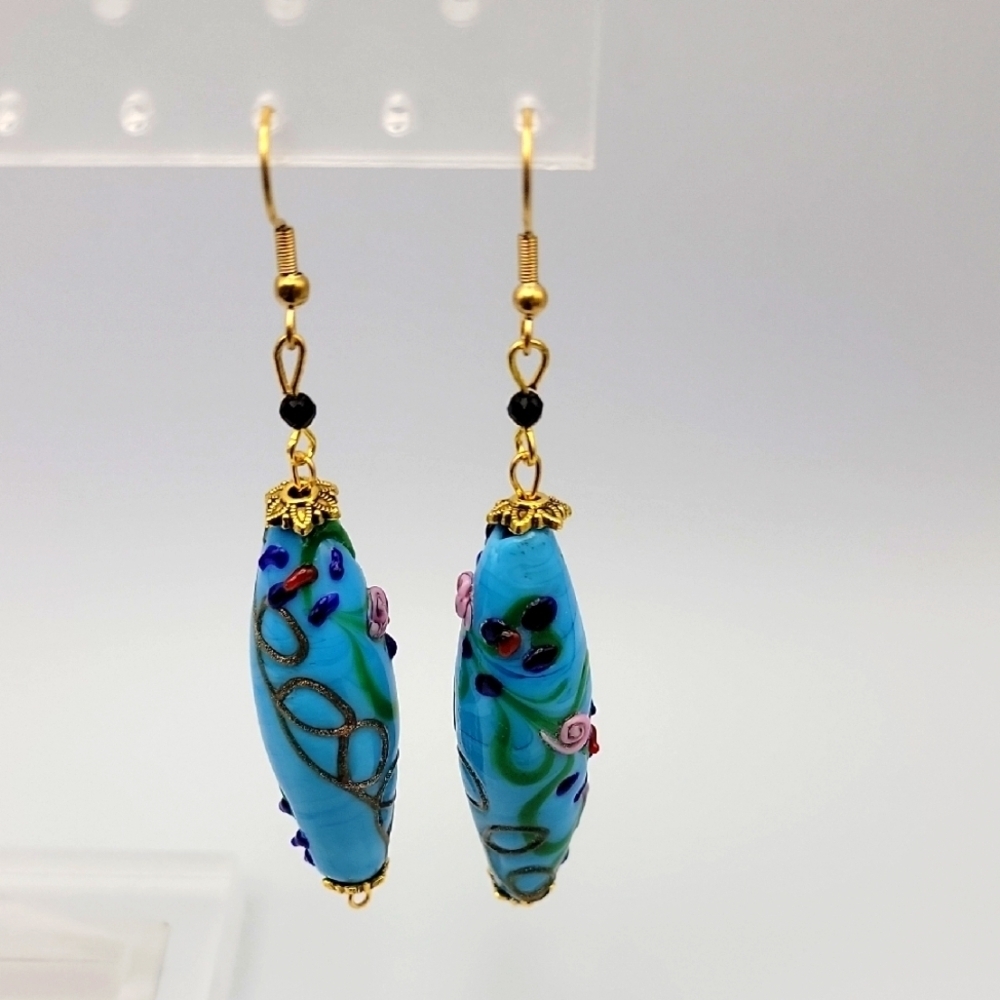 Blue Rainbow Inlaid Lampwork Glass Flower Drum Pendant Earrings Gold Tone NEW